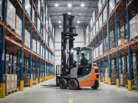 Hochregalstapler in einem modernen Logistiklager zwischen hohen Regalsystemen. - Foto: über boerse-global.de