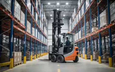 Hochregalstapler in einem modernen Logistiklager zwischen hohen Regalsystemen. - Foto: über boerse-global.de