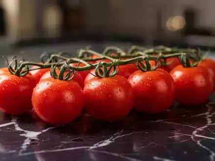 Frische Kirschtomaten auf einer dunklen Marmoroberfläche in einem professionellen, kulinarischen Umfeld. - Foto: über boerse-global.de