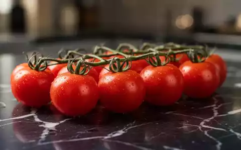 Frische Kirschtomaten auf einer dunklen Marmoroberfläche in einem professionellen, kulinarischen Umfeld. - Foto: über boerse-global.de