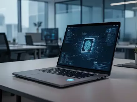 Ein schlankes Laptop mit biometrischem Sensor auf einem professionellen Schreibtisch, das sichere Unternehmensidentitätsverwaltung repräsentiert. - Foto: über boerse-global.de