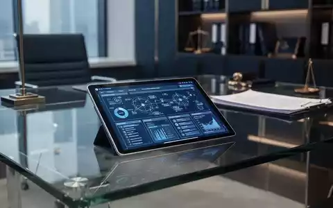 Moderner Anwaltsbüro-Schreibtisch mit Tablet, das komplexe Datenvisualisierungen für die Automatisierung von Rechtsdokumenten zeigt. - Foto: über boerse-global.de