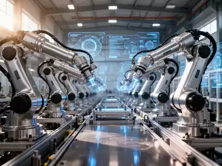 Hochmoderne Roboter-Fertigungsstraße in einer modernen Fabrik, die KI- und Robotik-Infrastruktur repräsentiert. - Foto: über boerse-global.de