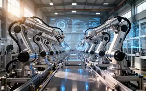 Hochmoderne Roboter-Fertigungsstraße in einer modernen Fabrik, die KI- und Robotik-Infrastruktur repräsentiert. - Foto: über boerse-global.de