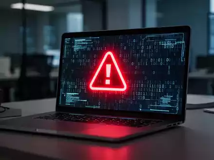 Ein Laptop-Bildschirm mit binärem Code und einem leuchtenden roten Warnsymbol als Symbol für Cyber-Bedrohungen. - Foto: über boerse-global.de