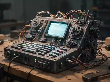 Ein individuell gebauter Cyberdeck-Computer mit offener Hardware und leuchtendem Bildschirm auf einer Werkbank. - Foto: über boerse-global.de