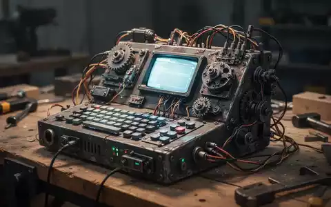 Ein individuell gebauter Cyberdeck-Computer mit offener Hardware und leuchtendem Bildschirm auf einer Werkbank. - Foto: über boerse-global.de