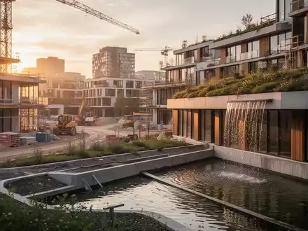 Moderne Baustelle eines nachhaltigen Stadtentwicklungsprojekts mit grünen Dächern und Elementen der Schwammstadt. - Foto: über boerse-global.de