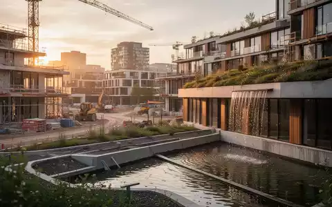 Moderne Baustelle eines nachhaltigen Stadtentwicklungsprojekts mit grünen Dächern und Elementen der Schwammstadt. - Foto: über boerse-global.de