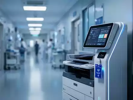 Ein moderner Drucker mit einem kontaktlosen Ausweisleser in einer klinischen Krankenhausumgebung. - Foto: über boerse-global.de