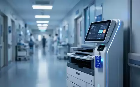 Ein moderner Drucker mit einem kontaktlosen Ausweisleser in einer klinischen Krankenhausumgebung. - Foto: über boerse-global.de