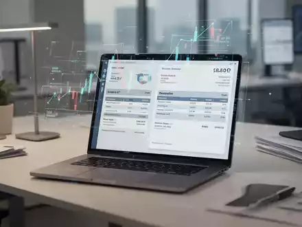 Moderner Büroarbeitsplatz mit Laptop, auf dem digitale Finanzdaten und Rechnungsstrukturen visualisiert werden. - Foto: über boerse-global.de