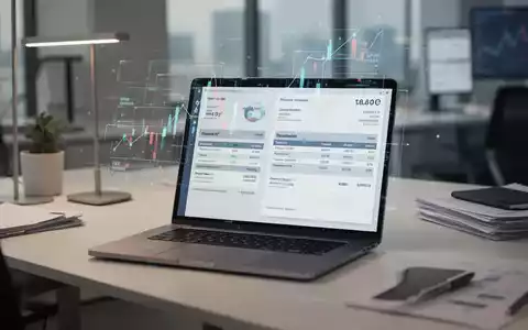 Moderner Büroarbeitsplatz mit Laptop, auf dem digitale Finanzdaten und Rechnungsstrukturen visualisiert werden. - Foto: über boerse-global.de