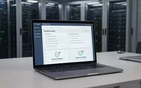 Digitales Dashboard zur Überprüfung von Sicherheitsstandards und Compliance auf einem Laptop in einer Büroumgebung. - Foto: über boerse-global.de