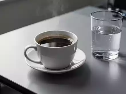 Eine Tasse schwarzer Kaffee neben einem Glas Wasser auf einem modernen Schreibtisch. - Foto: über boerse-global.de
