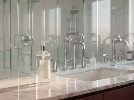 Modernes Badezimmer mit glänzenden Armaturen und klaren Glasflächen, die streifenfrei gereinigt wurden. - Foto: über boerse-global.de