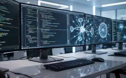 Moderne Arbeitsumgebung für Softwareentwicklung mit Code-Anzeigen auf Bildschirmen und Visualisierungen neuronaler Netze. - Foto: über boerse-global.de