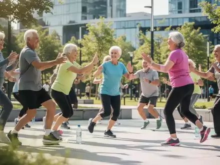 Eine Gruppe aktiver Senioren bei einer gemeinsamen Fitnessübung in einem sonnigen Park zur Förderung der Beweglichkeit. - Foto: über boerse-global.de