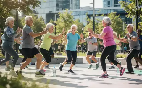 Eine Gruppe aktiver Senioren bei einer gemeinsamen Fitnessübung in einem sonnigen Park zur Förderung der Beweglichkeit. - Foto: über boerse-global.de