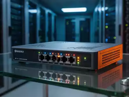 Moderner Netzwerkrouter in einem schwach beleuchteten Serverraum mit leuchtenden Statuslichtern, die Cybersicherheitsinfrastruktur darstellen. - Foto: über boerse-global.de