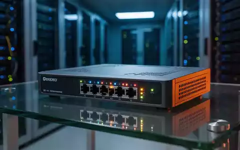Moderner Netzwerkrouter in einem schwach beleuchteten Serverraum mit leuchtenden Statuslichtern, die Cybersicherheitsinfrastruktur darstellen. - Foto: über boerse-global.de
