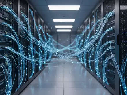 Moderner Serverraum mit leuchtenden Kabeln, die Cybersicherheit und KI-Infrastruktur symbolisieren. - Foto: über boerse-global.de
