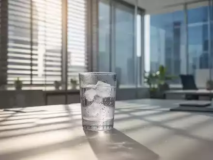 Ein heller, moderner Büroarbeitsplatz mit Jalousien und einem Glas Wasser als Symbol für Hitzeschutz am Arbeitsplatz. - Foto: über boerse-global.de