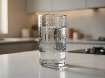Ein klares Glas mit frischem Trinkwasser auf einer modernen Küchenoberfläche bei weichem Tageslicht. - Foto: über boerse-global.de