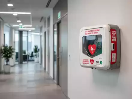 Moderner automatisierter externer Defibrillator (AED) an einer Bürowand als Sicherheitsmaßnahme im Unternehmen. - Foto: über boerse-global.de