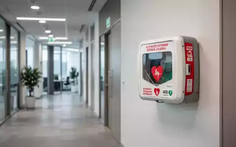 Moderner automatisierter externer Defibrillator (AED) an einer Bürowand als Sicherheitsmaßnahme im Unternehmen. - Foto: über boerse-global.de