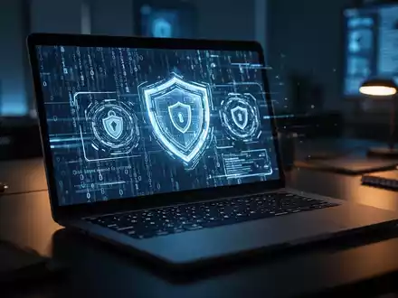 Ein beleuchteter Laptop in einem dunklen Büro, der abstrakten binären Code und Sicherheitssymbole anzeigt. - Foto: über boerse-global.de