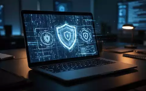 Ein beleuchteter Laptop in einem dunklen Büro, der abstrakten binären Code und Sicherheitssymbole anzeigt. - Foto: über boerse-global.de