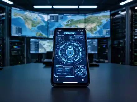 Ein sicheres Smartphone mit digitaler Verschlüsselungsoberfläche in einem schwach beleuchteten militärischen Kommandozentrum. - Foto: über boerse-global.de