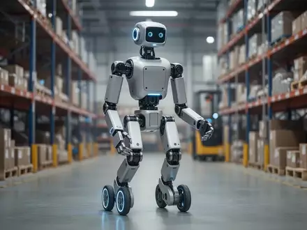 Ein humanoider Roboter arbeitet in einem modernen Industrielager. - Foto: über boerse-global.de
