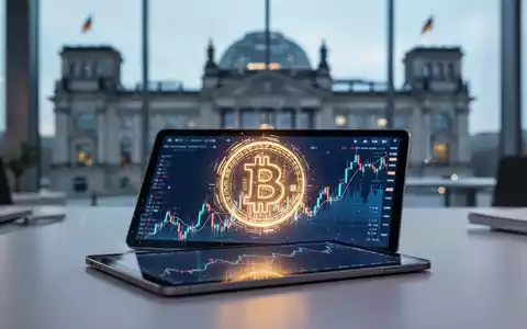 Ein Tablet mit einem Bitcoin-Symbol vor dem unscharfen Gebäude des Deutschen Bundestages als Symbol für die Krypto-Steuerdebatte. - Foto: über boerse-global.de