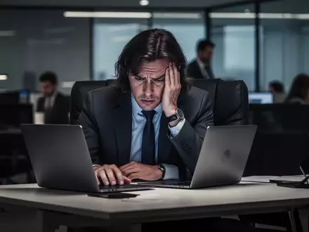 Erschöpfte Person an einem modernen Schreibtisch im Büro, die Anzeichen von beruflichem Stress zeigt. - Foto: über boerse-global.de