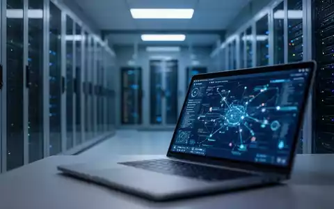 Modernes Serverraum-Interieur mit digitaler Netzwerkschnittstelle auf einem Laptop, symbolisierend die IT-Infrastruktur. - Foto: über boerse-global.de