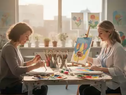 Ein Patient und eine Kunsttherapeutin malen gemeinsam an einem hellen, freundlichen Tisch in einem Klinikraum. - Foto: über boerse-global.de