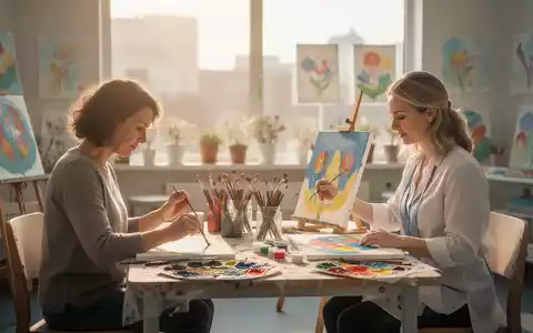 Ein Patient und eine Kunsttherapeutin malen gemeinsam an einem hellen, freundlichen Tisch in einem Klinikraum. - Foto: über boerse-global.de