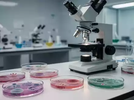 Ein Mikroskop in einem modernen Labor mit wissenschaftlichen Probenbehältern vor einem unscharfen Hintergrund. - Foto: über boerse-global.de