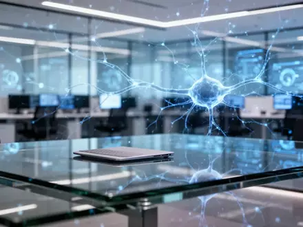 Modernes Bürogebäude mit digitaler Netzwerkgrafik als Symbol für die strategische Neuausrichtung in der KI-Forschung. - Foto: über boerse-global.de