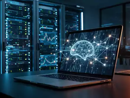 Digitale abstrakte Darstellung von neuronalen Netzwerken und binärem Code auf einem Laptop-Bildschirm vor einem Server-Rack. - Foto: über boerse-global.de