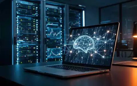 Digitale abstrakte Darstellung von neuronalen Netzwerken und binärem Code auf einem Laptop-Bildschirm vor einem Server-Rack. - Foto: über boerse-global.de