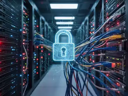 Glühende Server-Racks in einem abgedunkelten Rechenzentrum, die eine Cybersicherheitsbedrohung für industrielle Infrastruktur darstellen. - Foto: über boerse-global.de