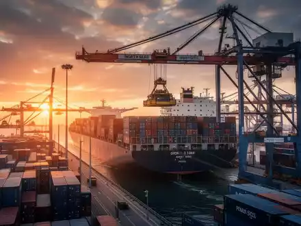 Industrielle Containerkräne in einem norddeutschen Seehafen bei Sonnenuntergang. - Foto: über boerse-global.de