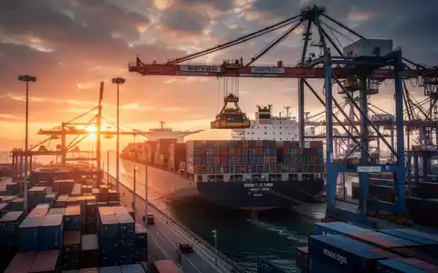 Industrielle Containerkräne in einem norddeutschen Seehafen bei Sonnenuntergang. - Foto: über boerse-global.de