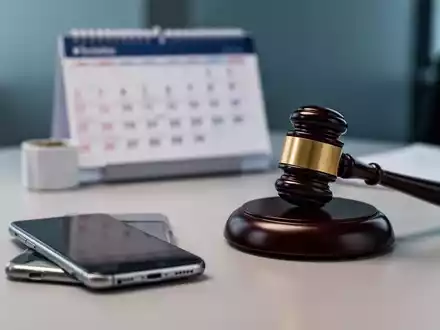 Ein Smartphone und ein Richterhammer auf einem Schreibtisch als Symbol für rechtliche Klärungen im Arbeitsrecht. - Foto: über boerse-global.de
