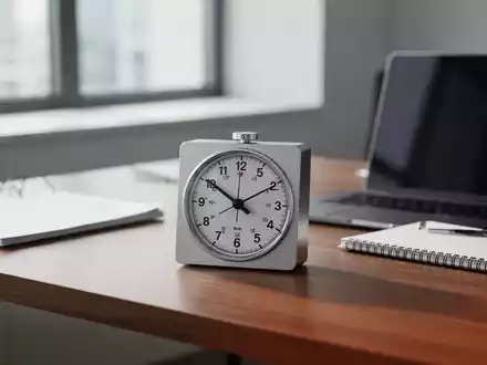 Ein analoger Kurzzeitwecker auf einem modernen Schreibtisch neben einem Laptop als Symbol für Zeitmanagement. - Foto: über boerse-global.de
