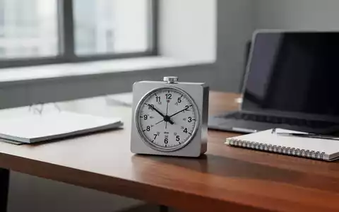 Ein analoger Kurzzeitwecker auf einem modernen Schreibtisch neben einem Laptop als Symbol für Zeitmanagement. - Foto: über boerse-global.de