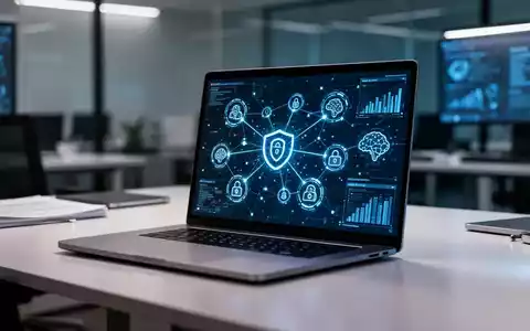 Ein Laptop-Bildschirm zeigt abstrakte digitale Sicherheitsknoten und Datenvisualisierung in einem professionellen Büro. - Foto: über boerse-global.de